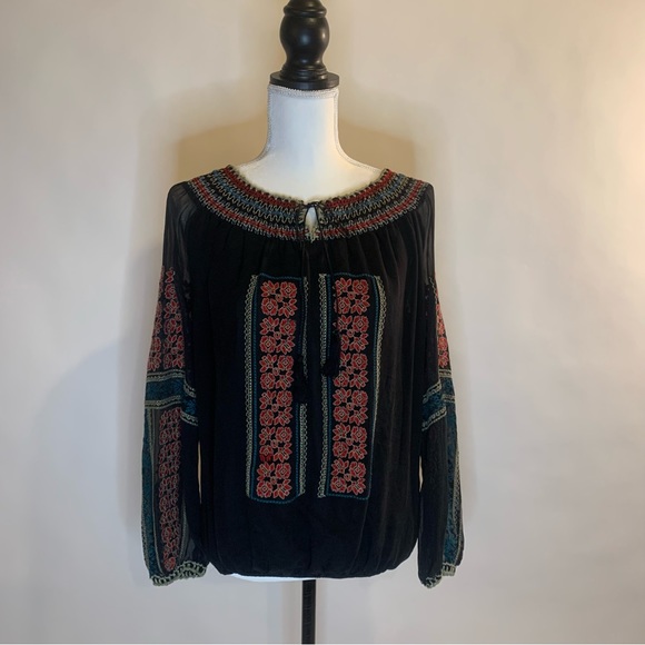 MM Couture By Miss Me Black Embroidered Sheer 100% Silk Top Size Medium - Picture 1 of 14